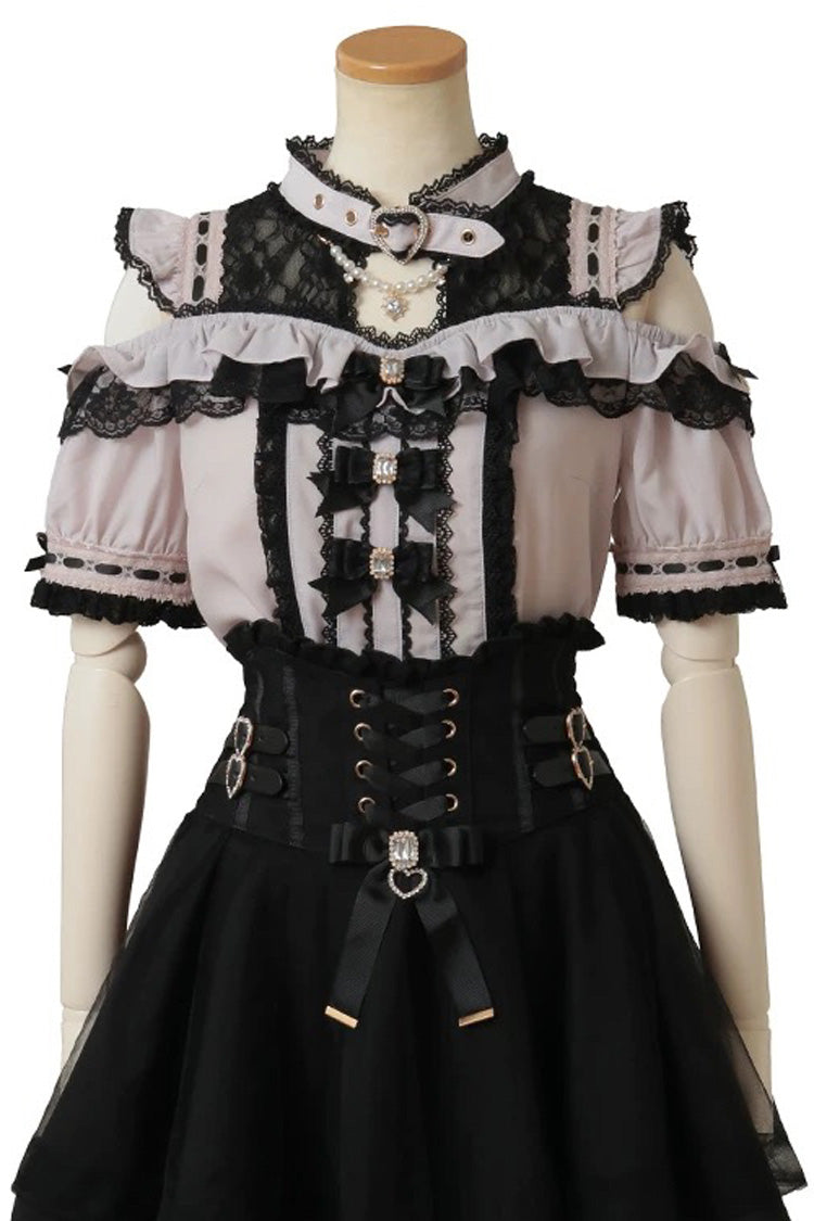 Chic Off-Shoulder Bow-Embellished Lace Blouse with Choker in Three Tones