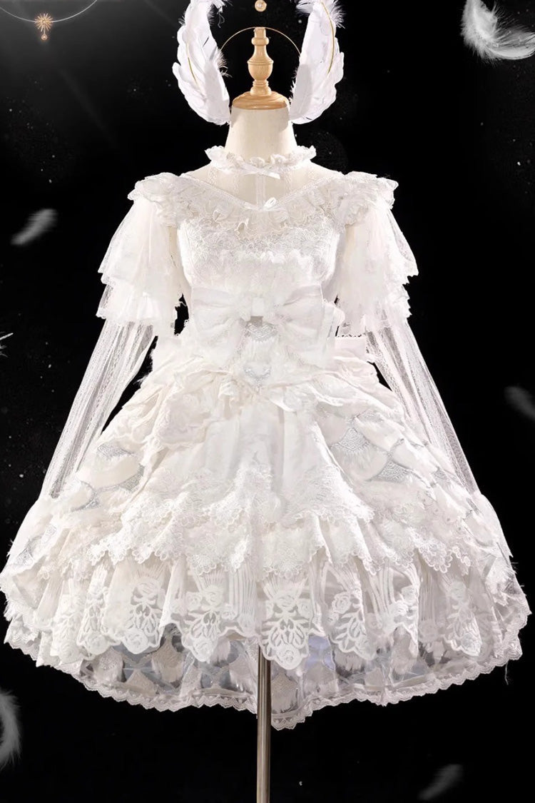 Ivory Peacock Feather Multi-Ruffle Bridal Cardigan Bow Lace Lolita JSK Set