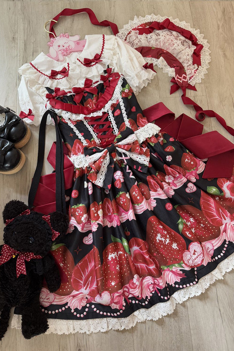 Strawberry Print Ruffled Bow Lace Sweet Lolita JSK
