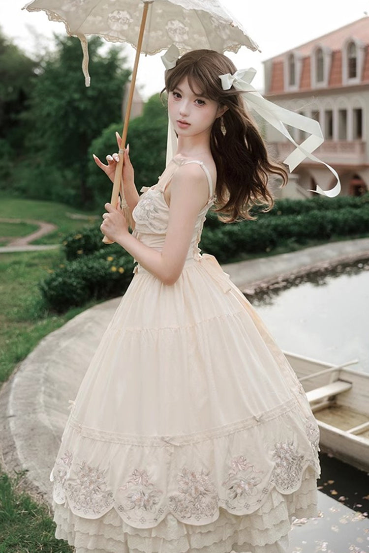 Apricot Princess Lolita JSK Dress with Triple-Layer Ruffles Embroidery Bowknot and Lace