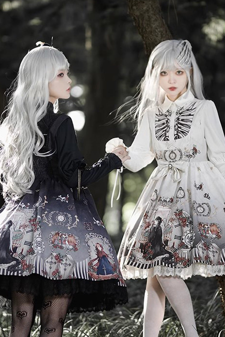 Navy Fairy Tale Print Ruffle Bowknot Gothic Lolita JSK Two-Tone