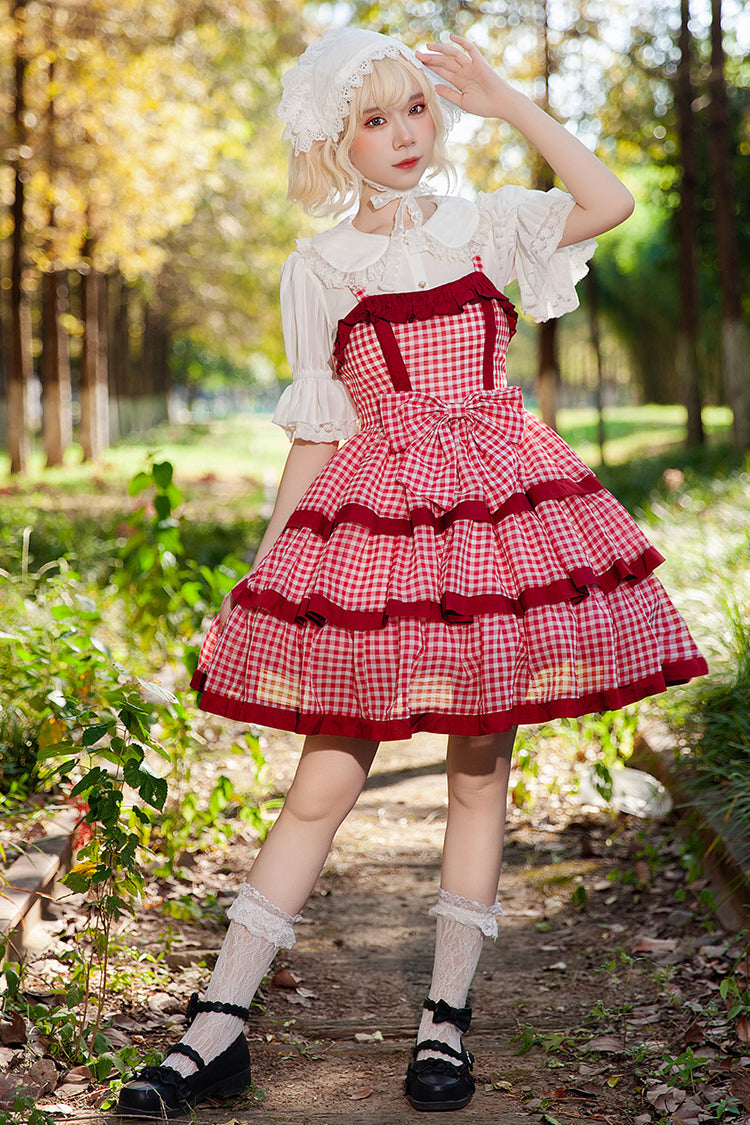 Red Triple-Layered Plaid Ruffle Bow Sweet Lolita Dress