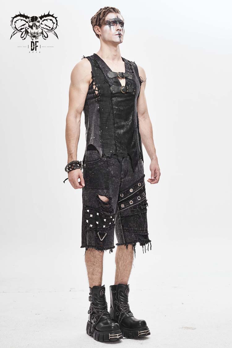 Sleeveless Buckle-Strap Punk Vest with Ripped Details