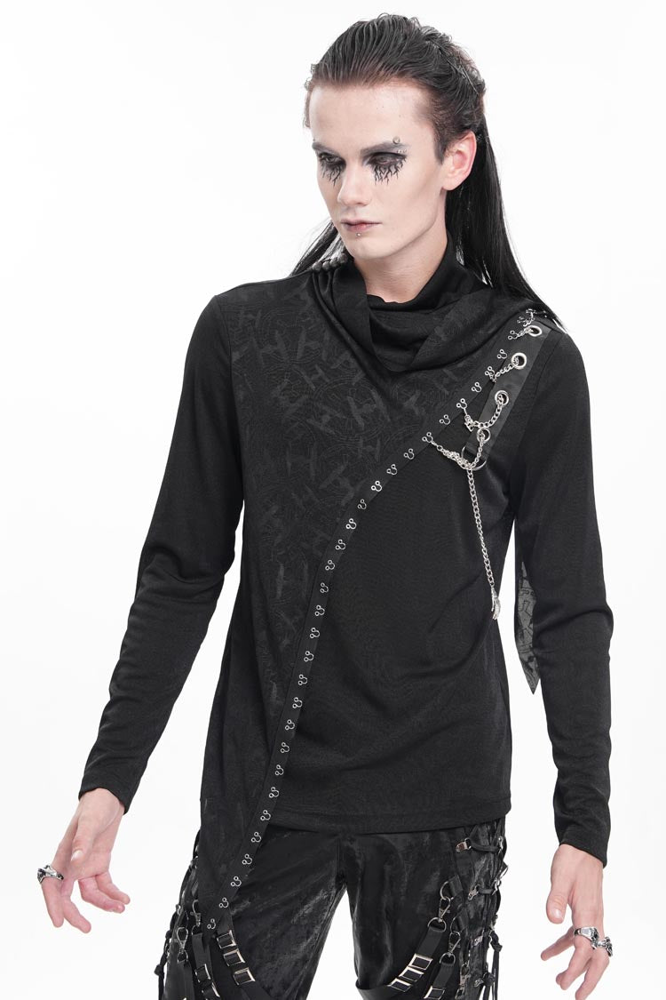 Men's Gothic Sweatshirt with Chain Print and Asymmetric Stitch