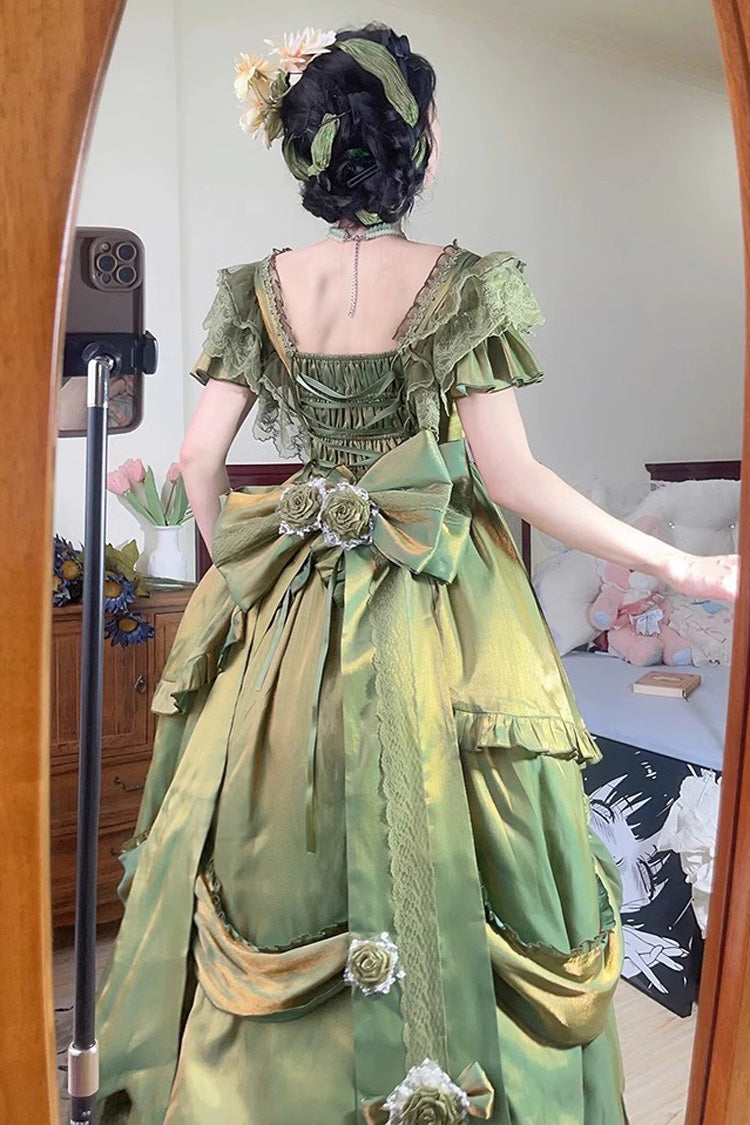 Green Rose-Printed Sweet Strapless Dress with Bowknot