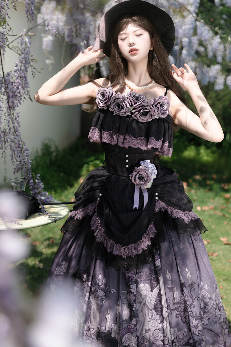 Angel Garden Black Purple Sleeveless Print Ruffle Bowknot Lace Sweet Gothic Skirt Set