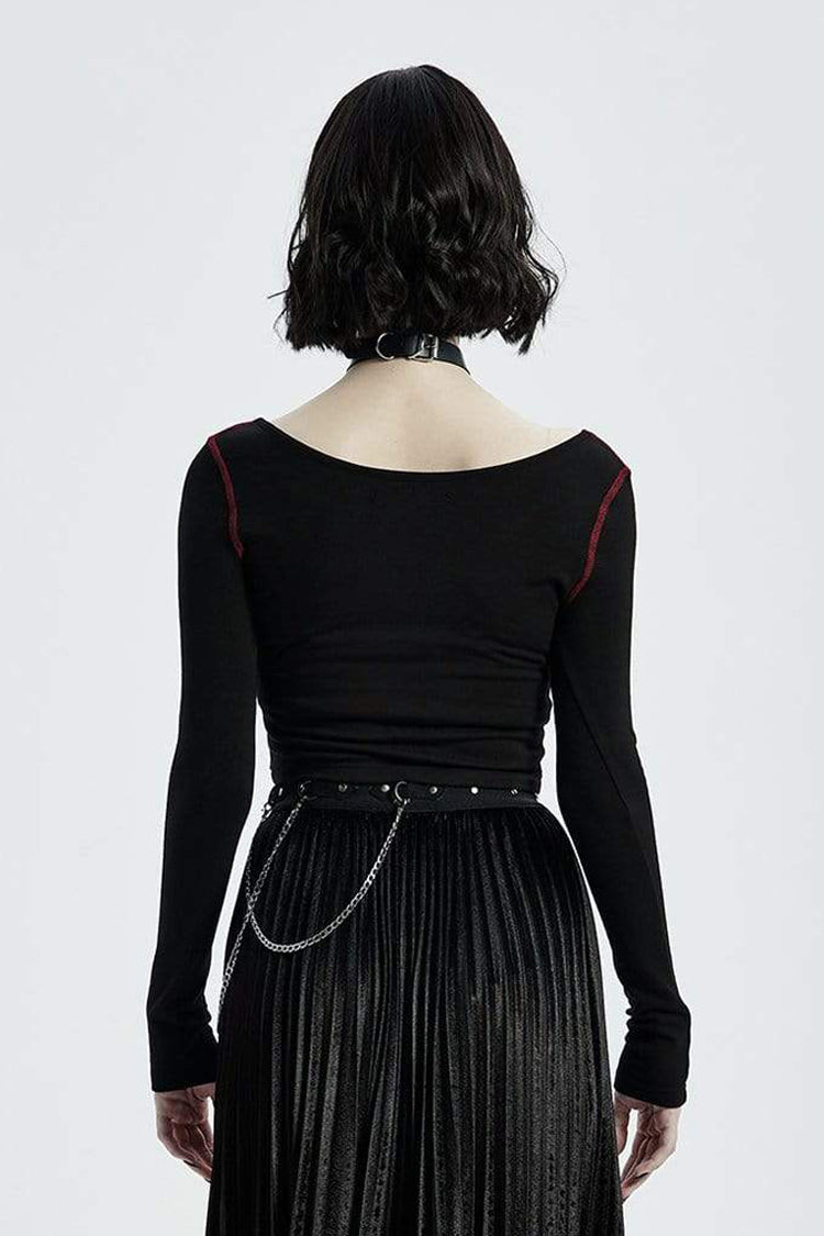 Sable Crewneck Long-Sleeve Front Metal Square Eyelets Fitted Punk Tee for Women