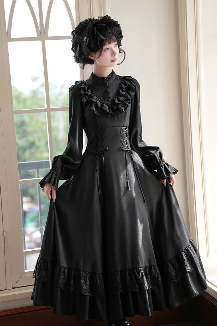 Letters Poems Day Night Stand Collar Long Sleeves Ruffle Bowknot Lace-Up Gothic Lolita Dress