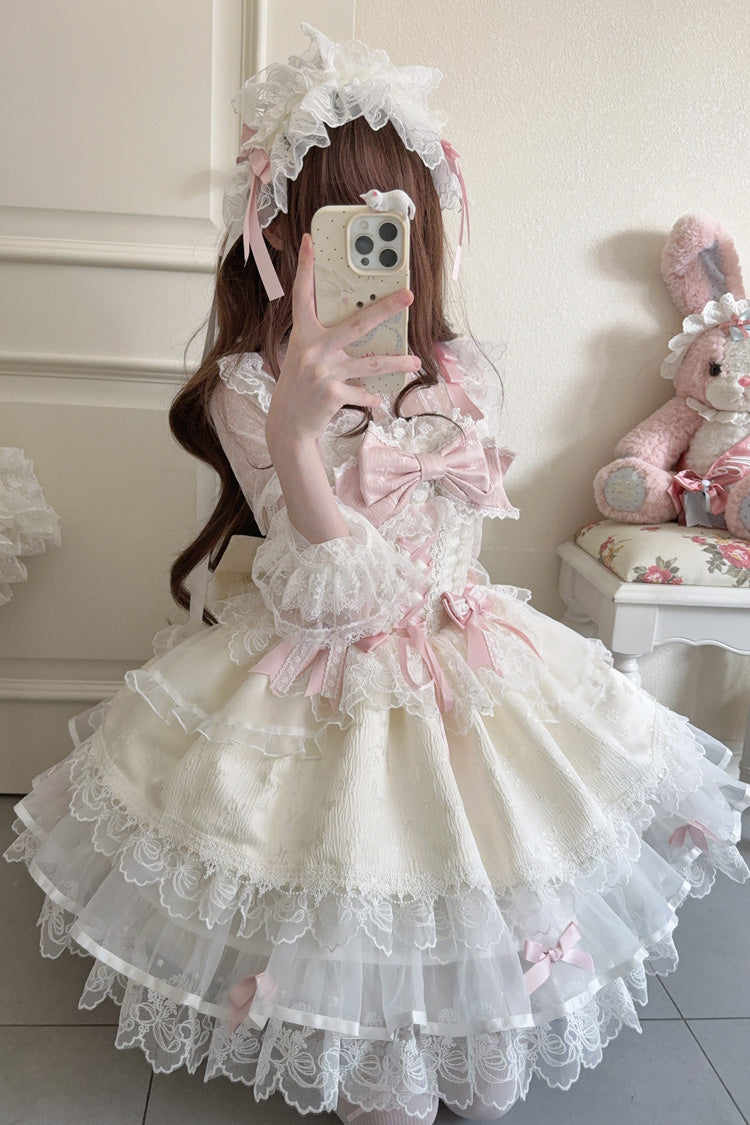 Apricot Sweet Ballet Lolita JSK Dress with Sleeveless Ruffles Bowknot Lace and Slim Fit