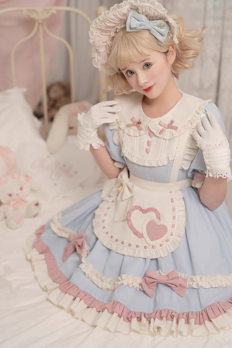 Azure Maid-Style Sweet Princess Dress with Puff Sleeves