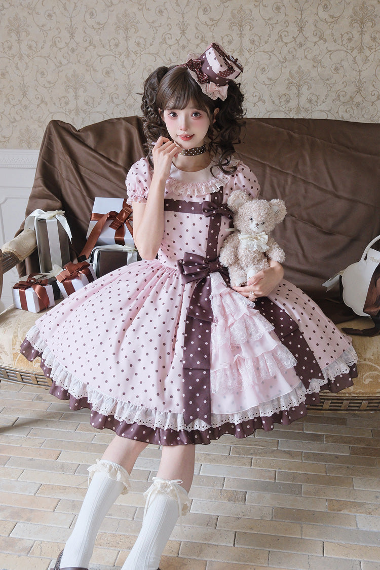 Canelé Gift Box Round Collar Short Sleeves Double-Layered Printed Polka Dot Ruffled Open-Front Bow Asymmetric Sweet Lolita Dress - Pink