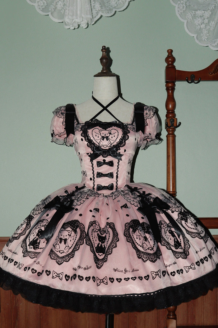 Pink Square Neck Short Sleeve Embroidered Bow Sweet Dress with Bow Train - Sugar Bear
