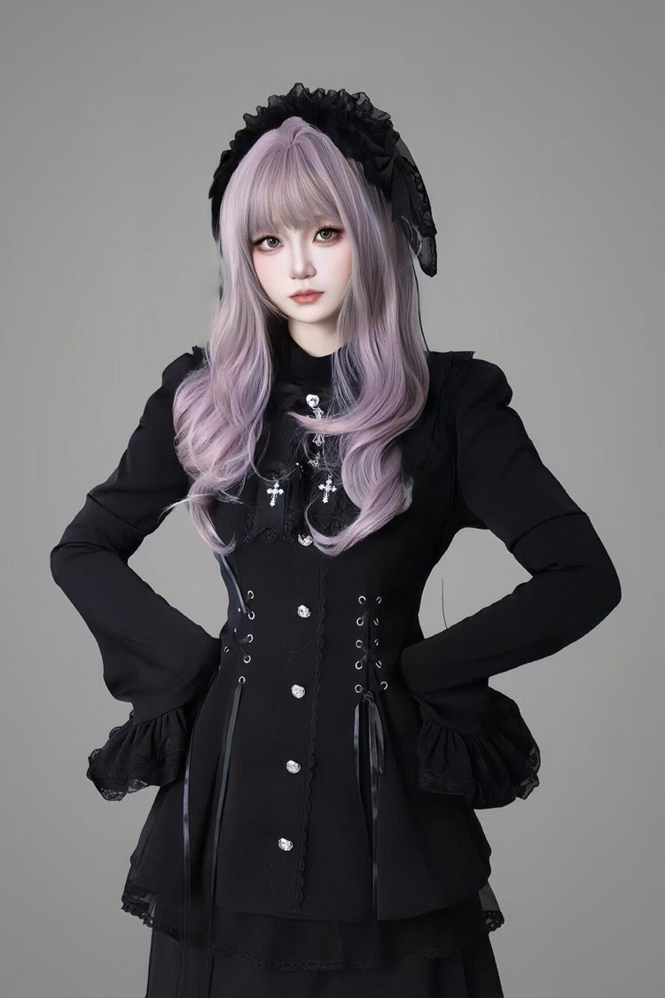 Black Long Trumpet Sleeves Ruffle Gothic Jirai Kei Dress Set - 2 Colors