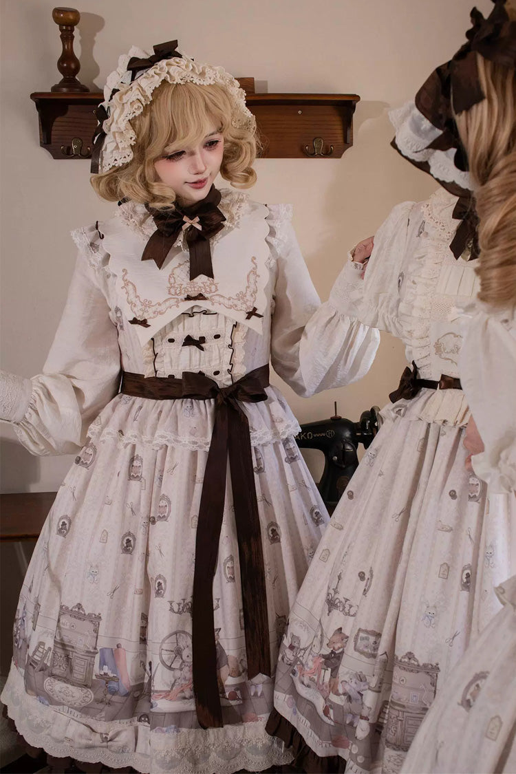 Cream Forest Tailor Shop Square Collar Printed Bow Frilled Sweet Lolita JSK Dress