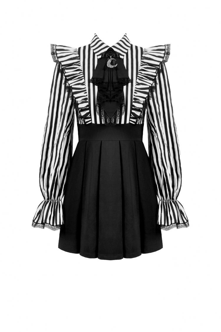 Striped Lapel Collar Long Sleeves Moon Lace Bow Ruffled Pleated Gothic Dress