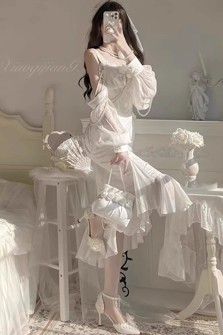 Camellia 1.0 White Sleeveless Jacquard Lace Sweet Fishtail JSK Dress