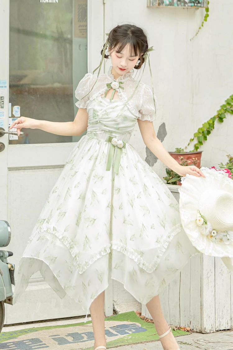 Spring Jacquard Print JSK Dress with Bowknot and Irregular Hem