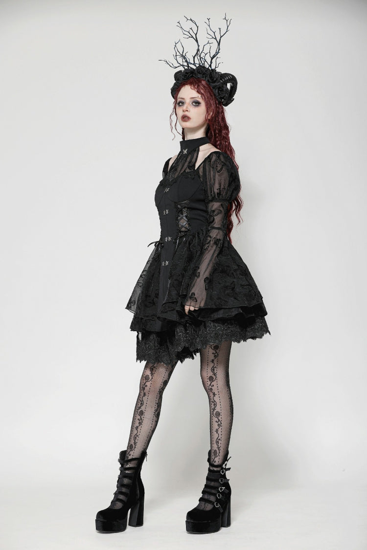 Majestic Black Multi-Layered Lace Trumpet Puff Sleeve Halter Gothic Lolita Graduation Gown