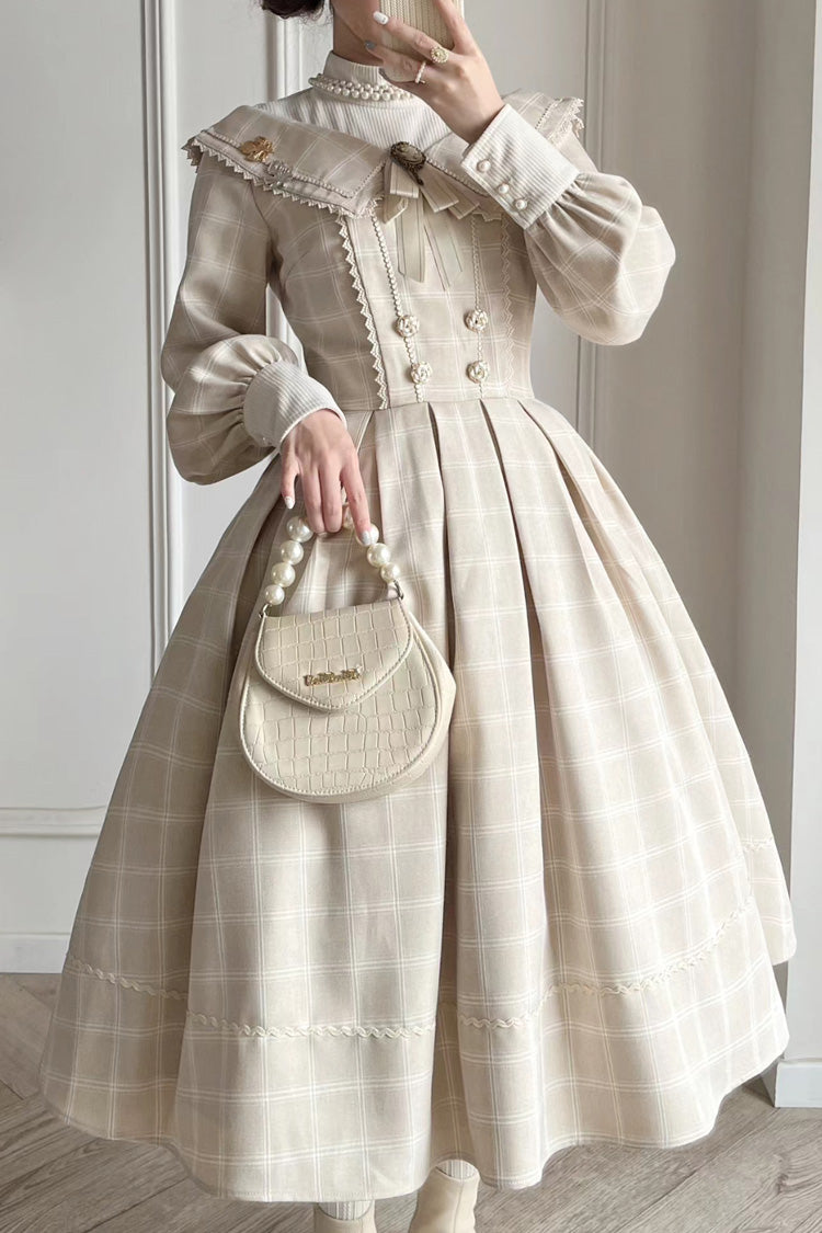Apricot Elegant Sweet Lolita Dress with Long Sleeves Plaid Print and Bowknot Accents