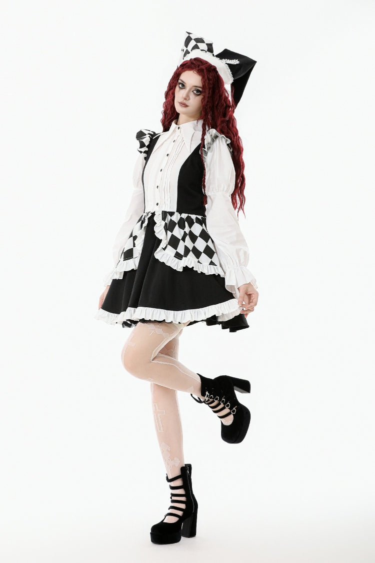 Black/White Puff Sleeve Lolita Dress with Point Collar