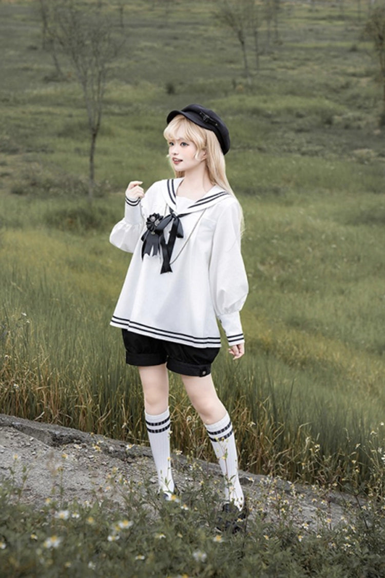 Old Stories Navy Collar Long-Sleeve Bow Ouji Gothic Lolita Set