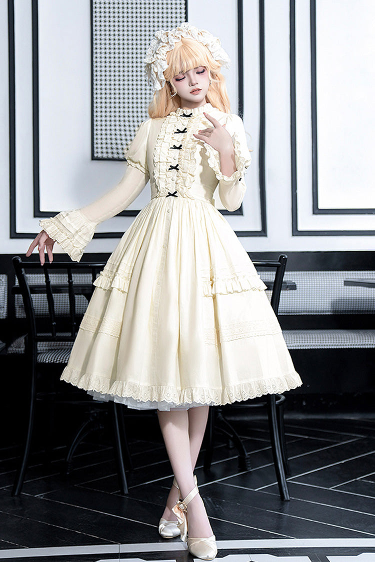 Cream Birch Appointment Stand Collar Long Puff Sleeve Frilled Bow Sweet Lolita Dress