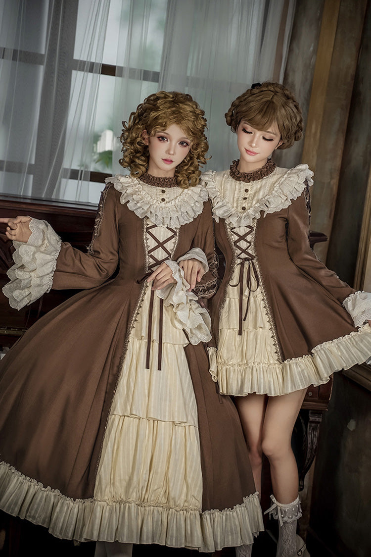 Brown Beige Nutcracker Stand Collar Long Trumpet Sleeves Ruffle Cardigan Lace-Up Sweet Lolita Dress Set