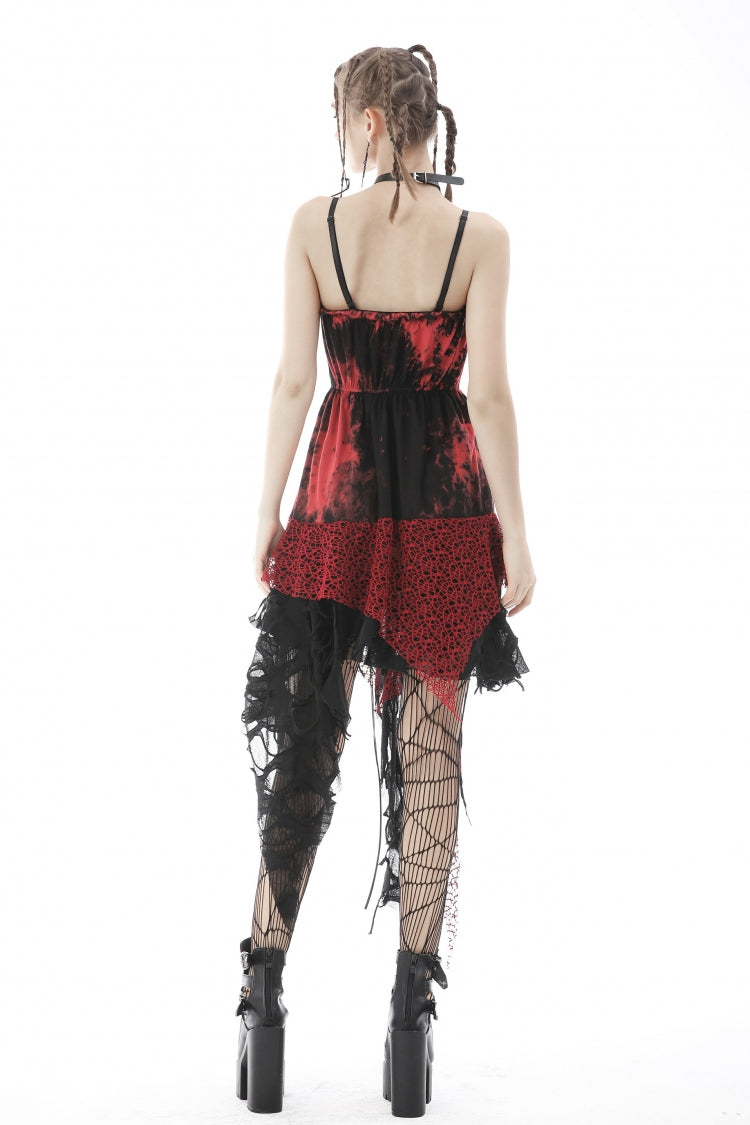 Crimson & Noir Tie-Dye Patchwork Punk Slip Dress with Irregular Hem
