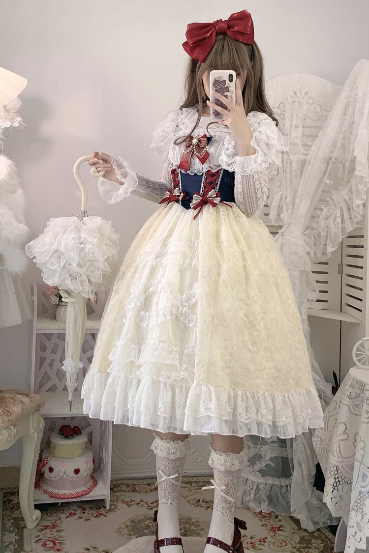 Snow White Ruffle Bow Lace Sweet Lolita JSK Dress, Two Versions