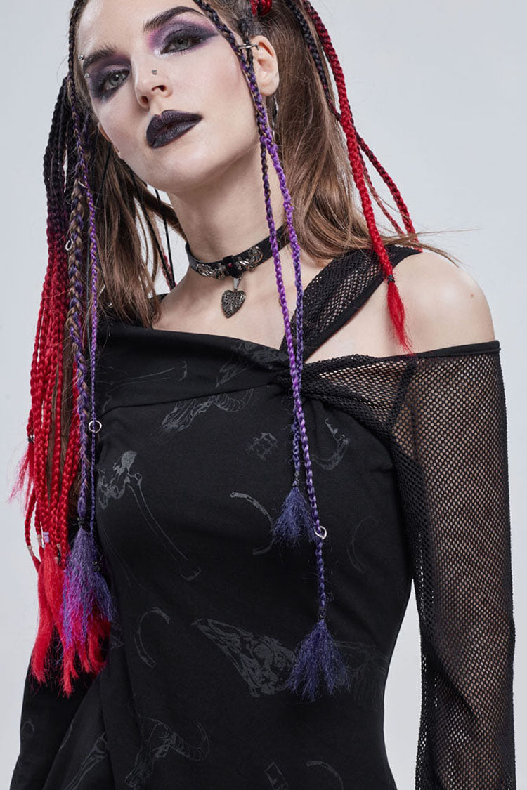 Off-Shoulder Graphic Print Asymmetric Mesh Gothic Dress