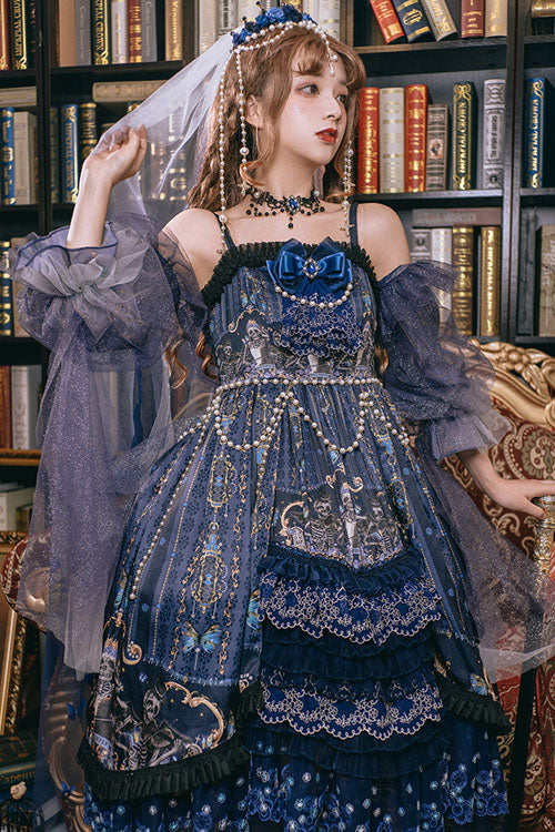 Azure Gothic Tiered JSK with Skull Print and Pearl Chain