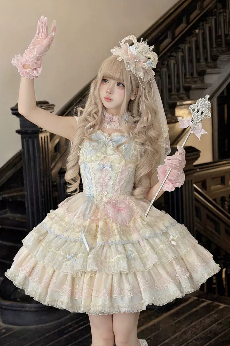 Sweet Lolita JSK Dress with Square Collar and Ruffled Bow - Apricot/Pink