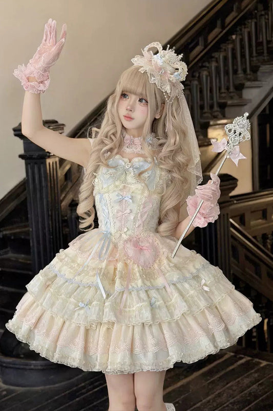 Sweet Lolita JSK Dress with Square Collar and Ruffled Bow - Apricot/Pink