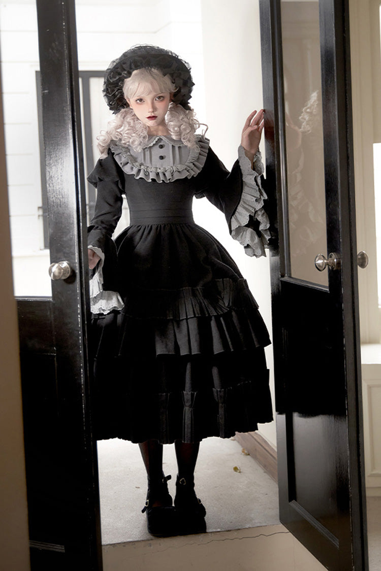 Long Hime-Sleeve Ruffled Bow Gothic Dress in Black