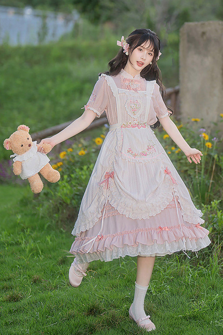 Blush Mandarin Collar Short Sleeve Ruffled Embroidered Lace Sweet Chinese Inspired Lolita Gown