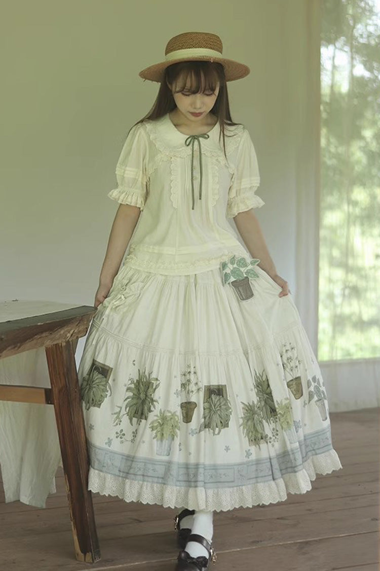 Cream Potted Plant Floral Frilled Sweet Lolita Skirt