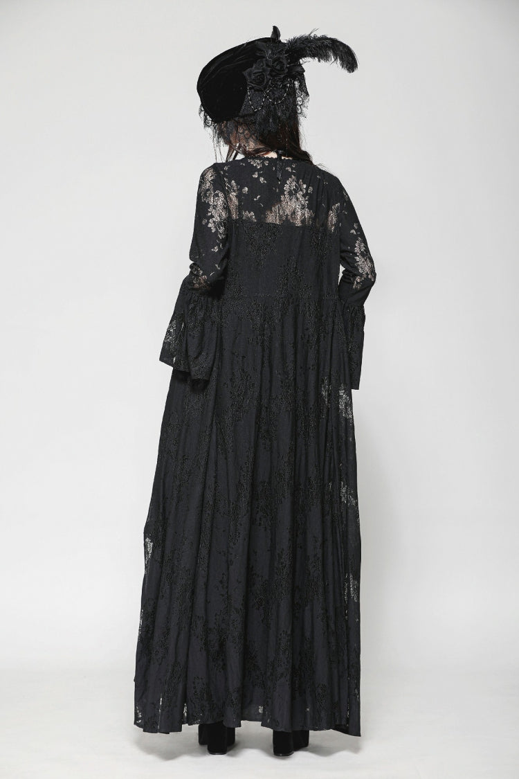 Jet-Black Elegant Robe with Lace Trim and Lacing for Women