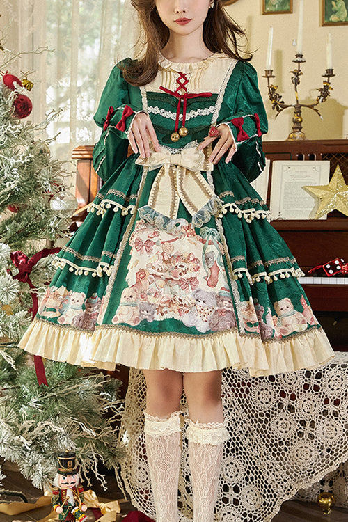 Emerald Long-Sleeve Elegant Lolita OP with Pendant Charm and Round Neckline