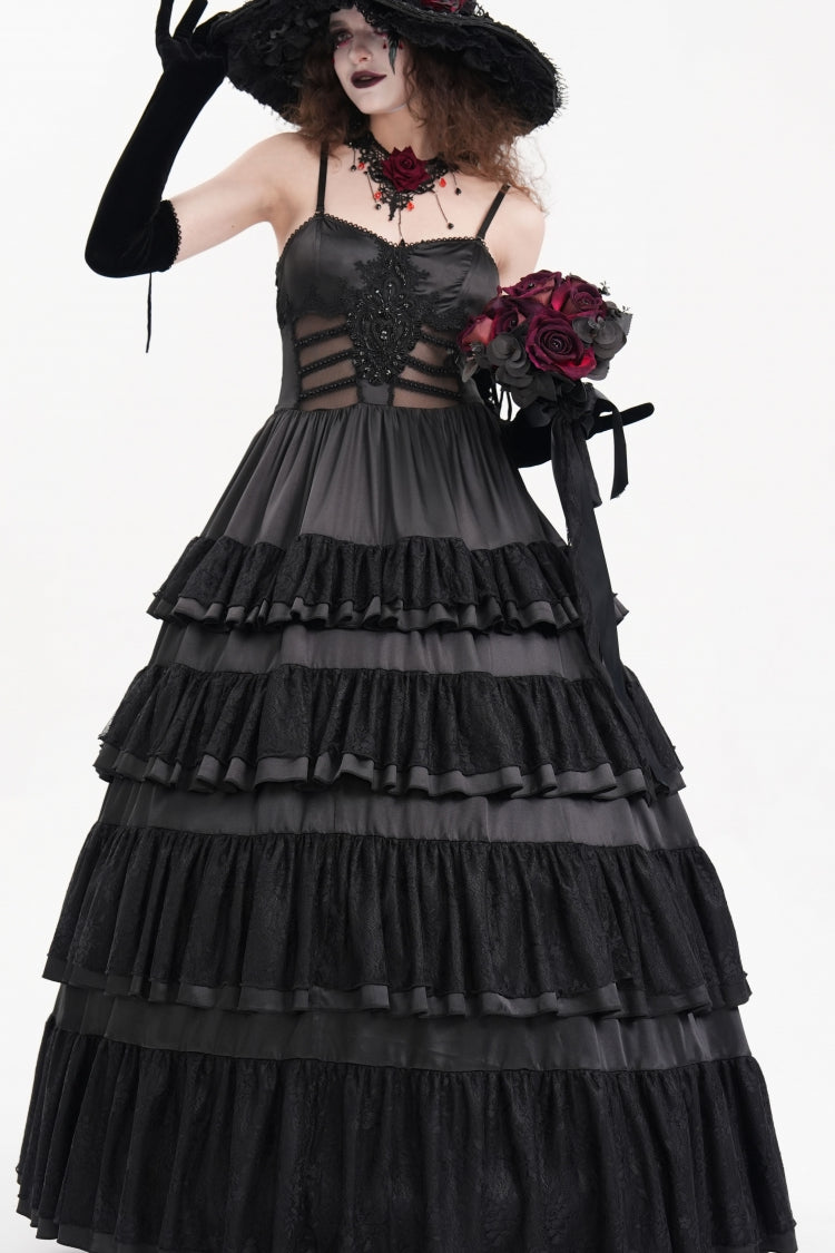 Gothic Mesh Dress with Ruffles and Lace-Up, Black