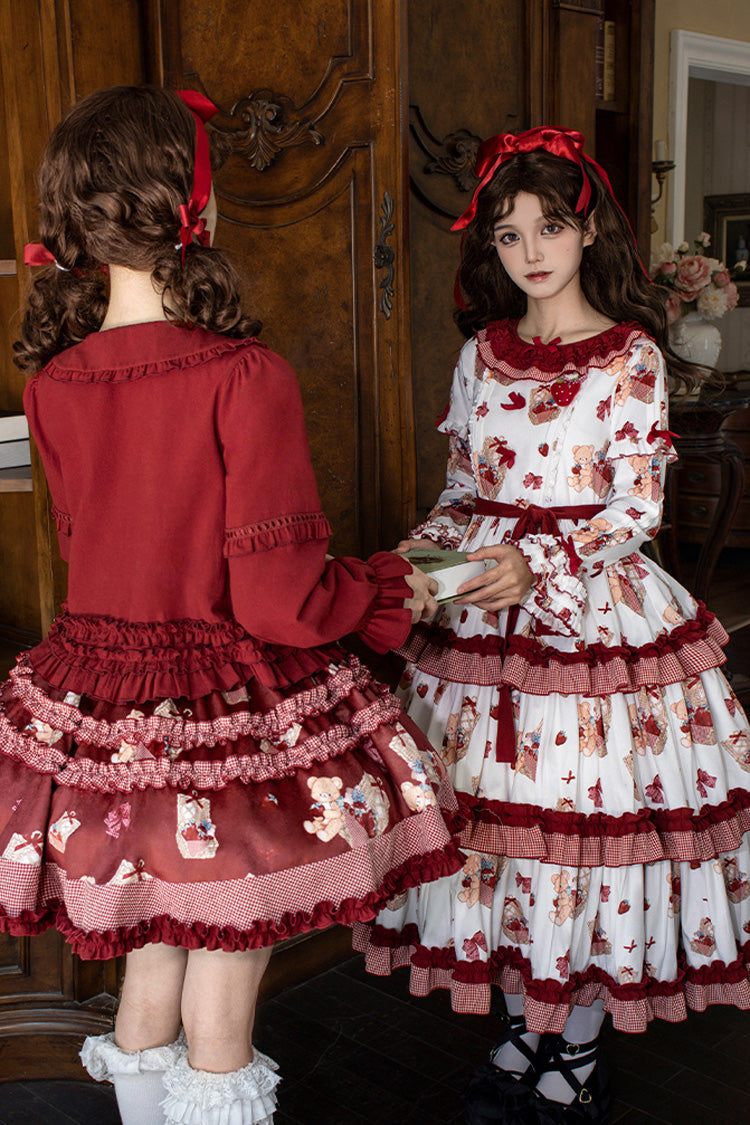 Blush Pink & White Berry Farm Print Long-Sleeve Layered Ruffled Sweet Lolita Gown