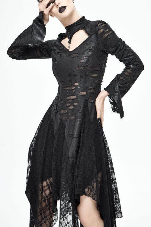 Gothic Dress with Dragon Spine Cutout & Long Sleeves, Black