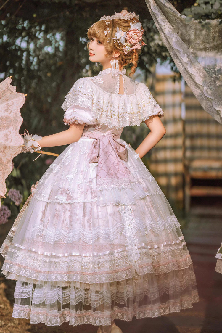 Ivory and Pink Sunset Realm Short Sleeve Printed Ruffled Hanayome Bow Lace Gorgeous Sweet Lolita Dress Set