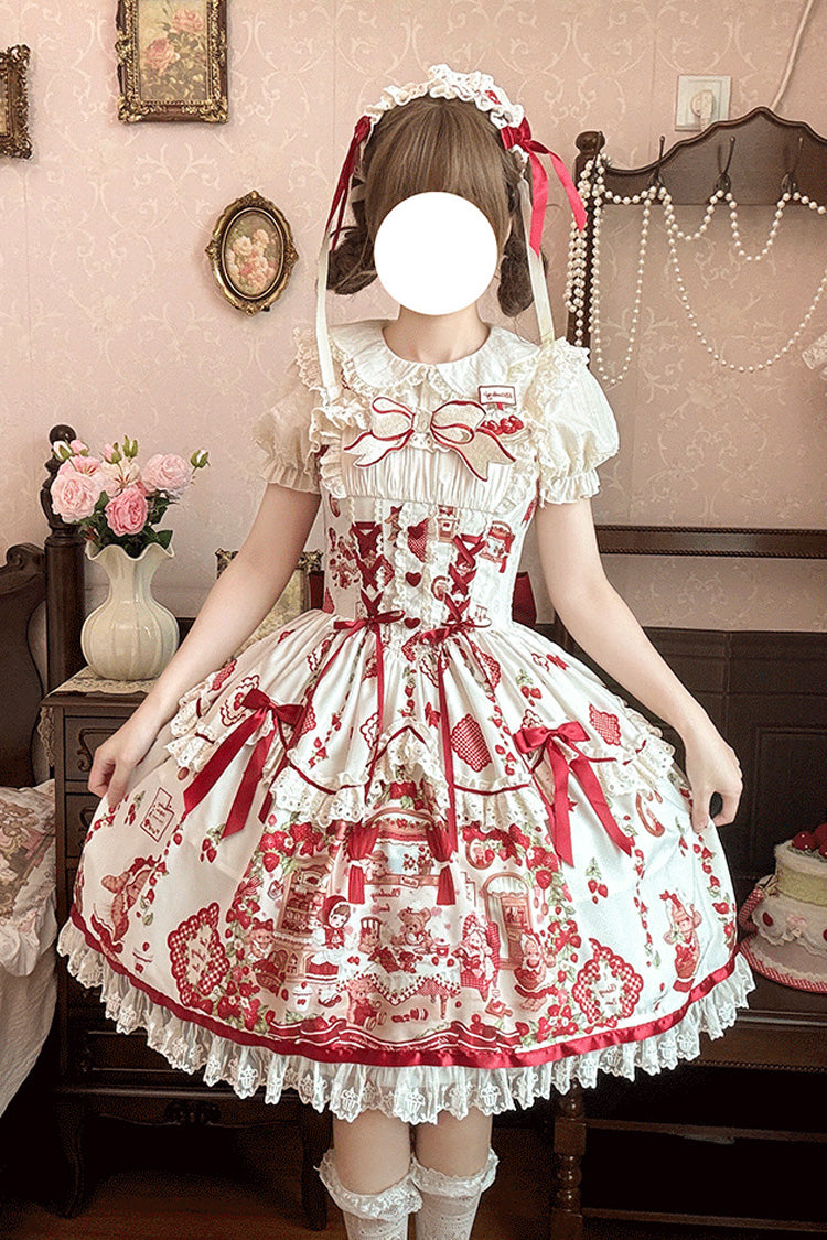 Strawberry Bear Print Sleeveless Lolita JSK with Lace
