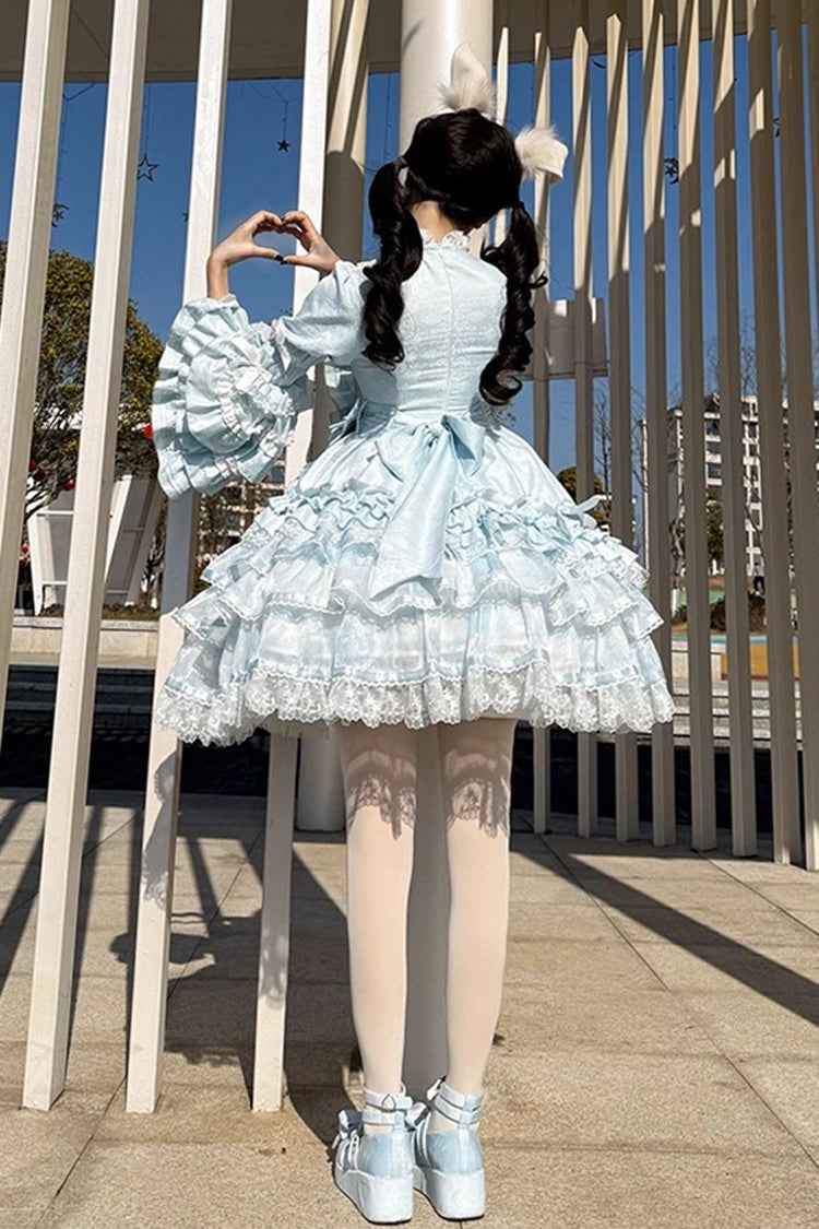 Blue Soloist Doll Long Hime Sleeve Multi-Layer Print Ruffle Bow Asymmetrical Sweet Lolita
