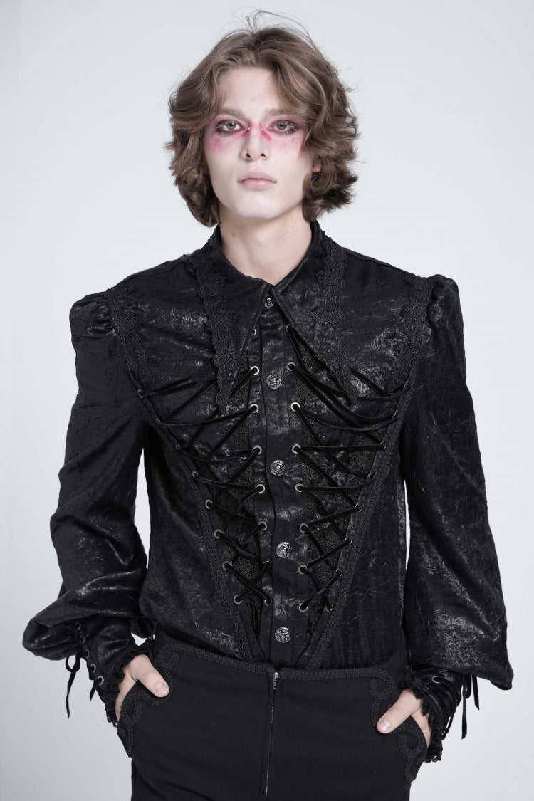 Jet-Black Gothic Blouse with Puffed Sleeves and Jacquard Lace for Men