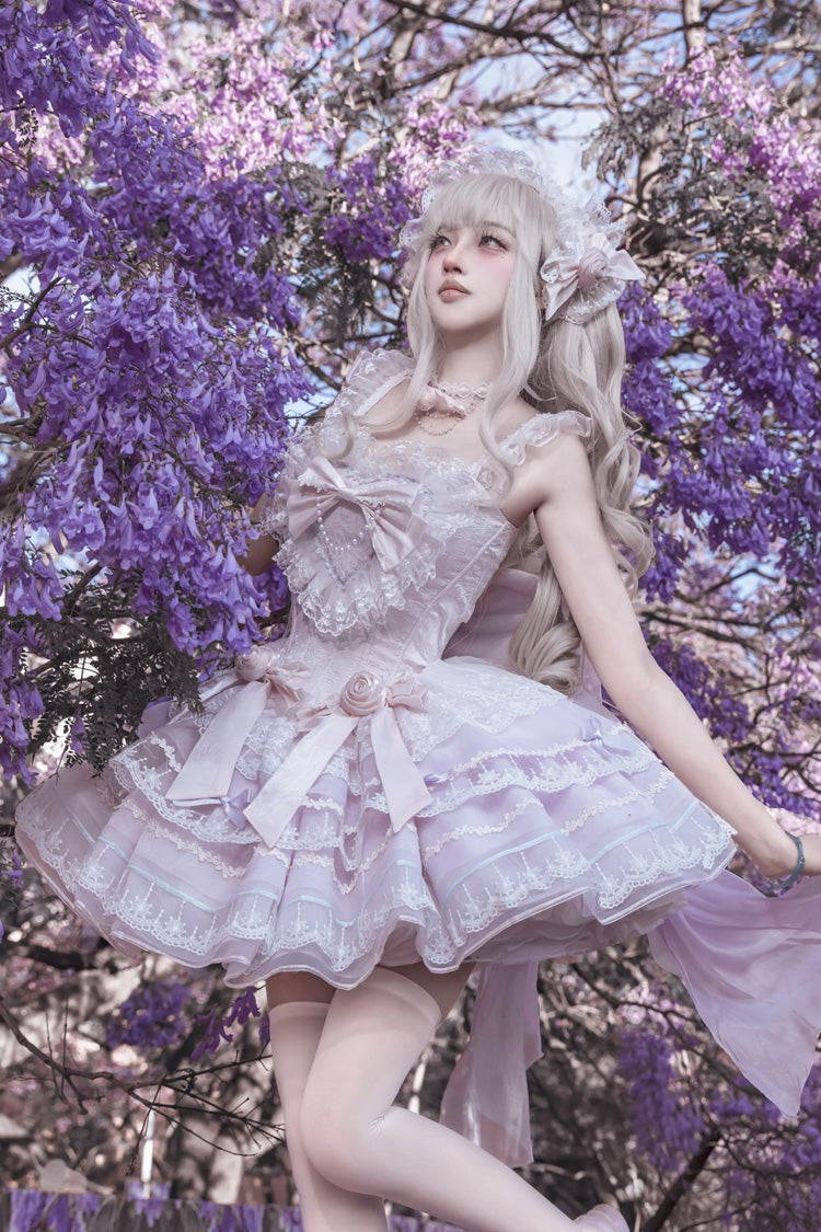 Crystal Isle Violet Square Collar Sleeveless Jacquard Ruffled Bow Balletcore Tiered Lolita Dress - Crystal Isle