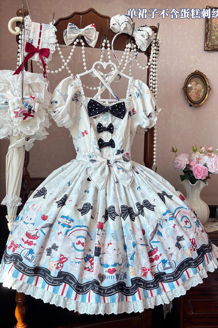 Square Collar Short Sleeve Print Ruffle Sweet Lolita Dress Beige