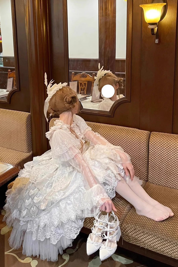 Ivory Peacock Feather Multi-Ruffle Bridal Cardigan Bow Lace Lolita JSK Set
