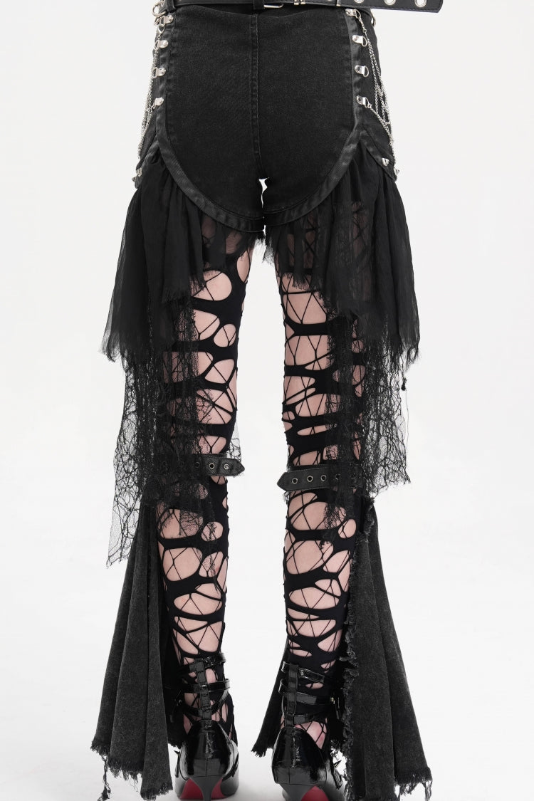 Gothic Shorts with Ripped Mesh Hem and Chain for Women