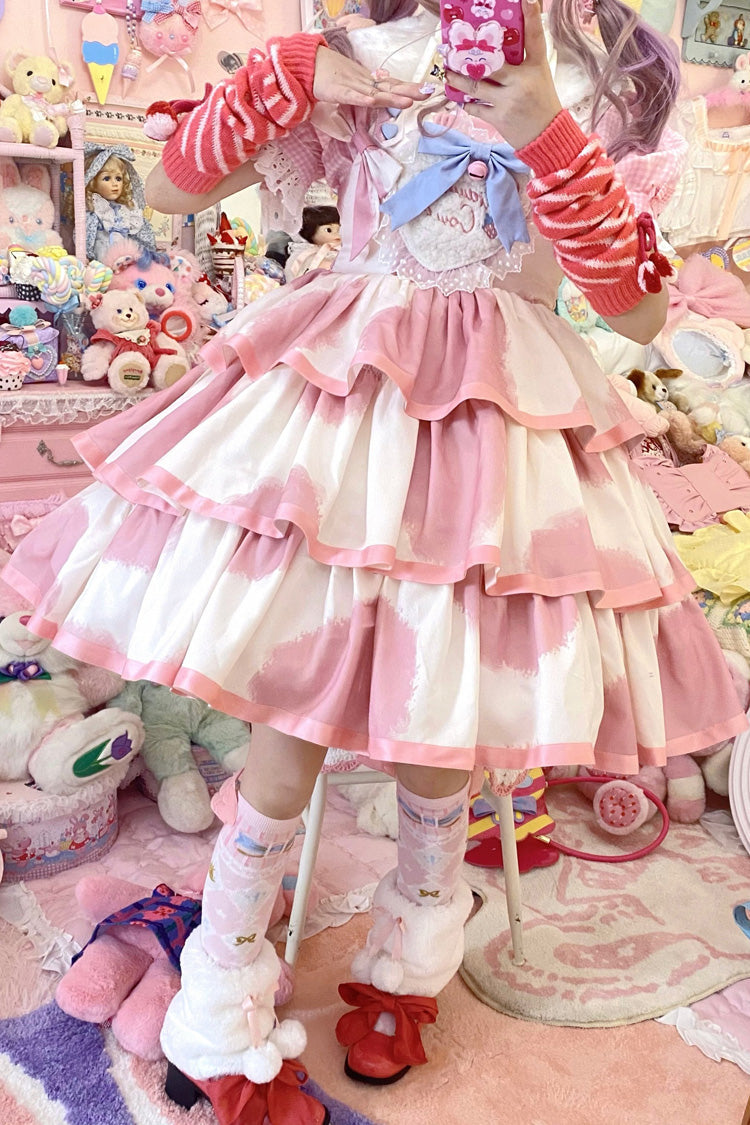 Pink Sleeveless Cow-Print Triple-Layer Ruffle Bow Sweet JSK Dress